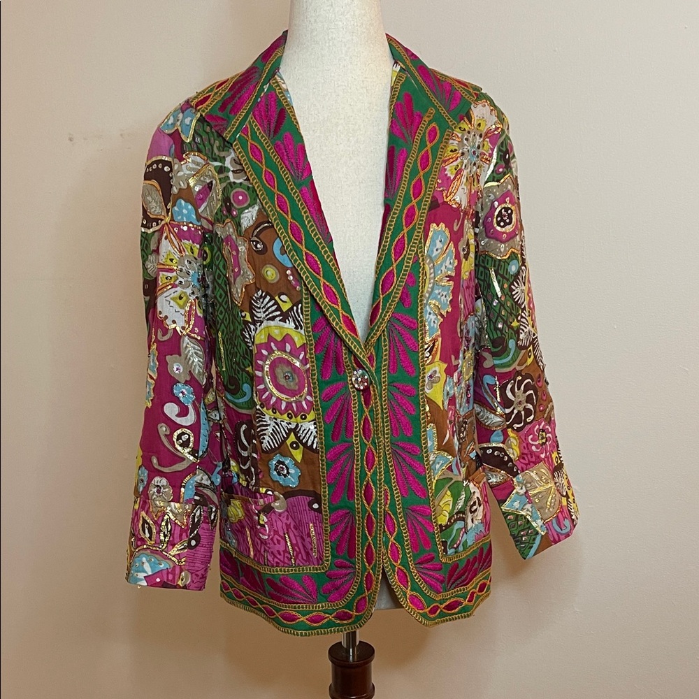 Sandy Starkman Embroidered Cotton Jacket Blazer Small Boho Artwear